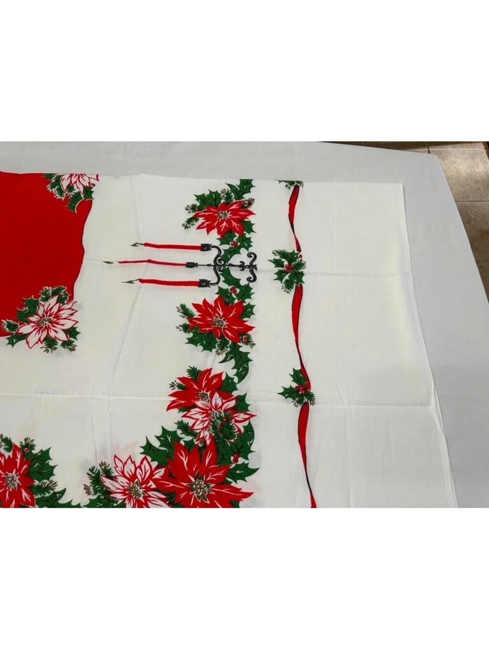 Christmas Holly Candle Poinsettia Holly Tablecloth White Red Rectangle